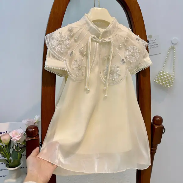 【18M-9Y】Girls White Tulle Pearl Cheongsam Dress - Popopieshop.com 