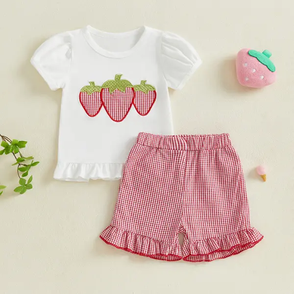 【12M-5Y】2-piece Girls Strawberry Embroidery T-shirt And Shorts Set - Popopieshop.com 