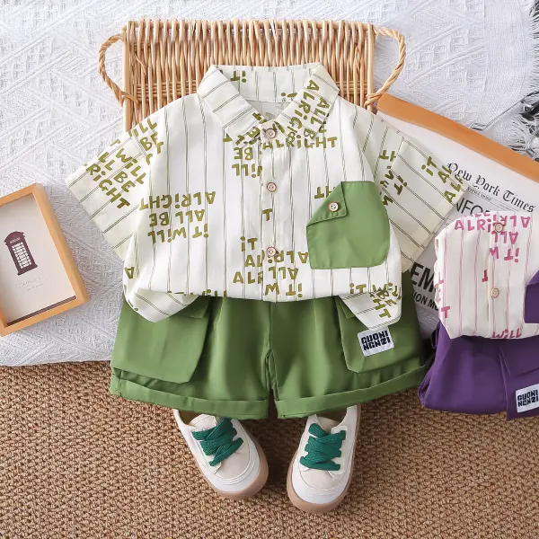 【12M-7Y】2-piece Boys Letter Striped Shirt And Shorts Set - Popopieshop.com 