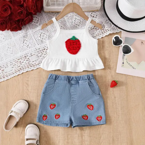 【3Y-7Y】2-piece Girls 3D Strawberry Embroidery Cami And Denim Shorts Set - Popopieshop.com 