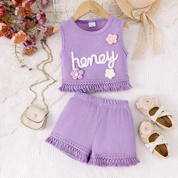 【3Y-7Y】Girls Sweet 3D Flower Tassel Tank Top And Tie Tassel Shorts Set - Popopieshop.com 