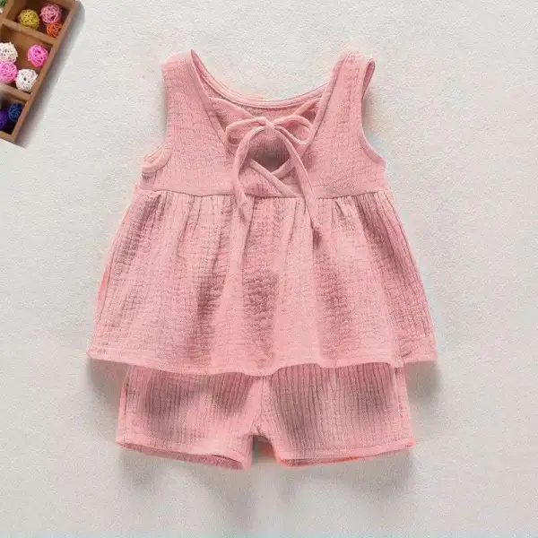 【12M-4Y】2-piece Girls Casual Cotton And Linen Breathable Solid Color Sleeveless Tie Top And Shorts Set - Popopieshop.com 