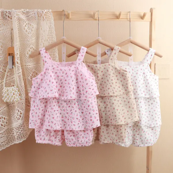 【12M-6Y】2-piece Girls Casual Cotton And Linen Breathable Floral Print Sleeveless Top And Shorts Set - Popopieshop.com 