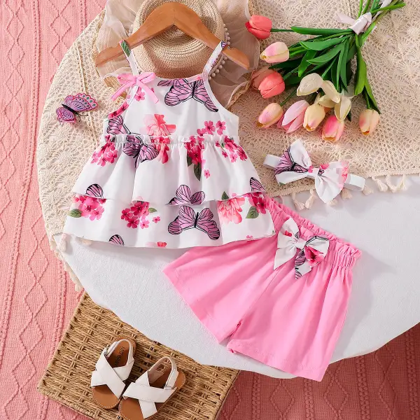 【3M-3Y】3-piece Girls Butterfly And Flower Print Top And Shorts Set (With Hairband) - Popopieshop.com 