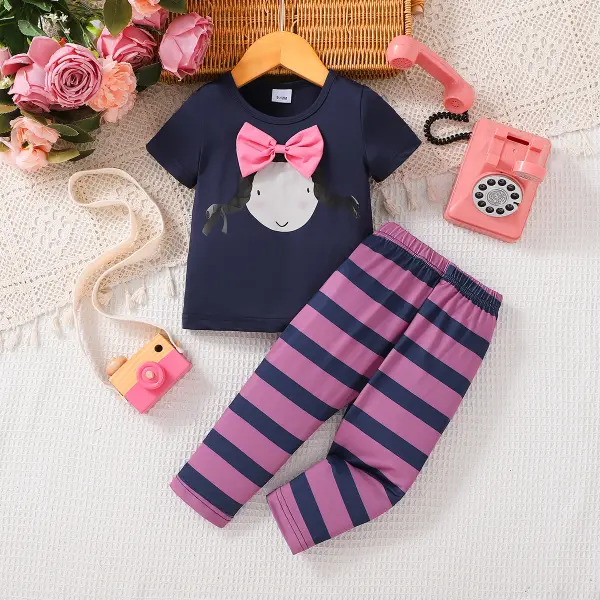 【6M-3Y】2-piece Girls Cartoon Girl Print With Bow Top And Shorts Set - Popopieshop.com 