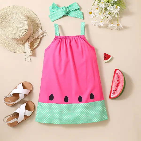 【6M-3Y】2-piece Girls Watermelon Print Dress With Hairband - Popopieshop.com 
