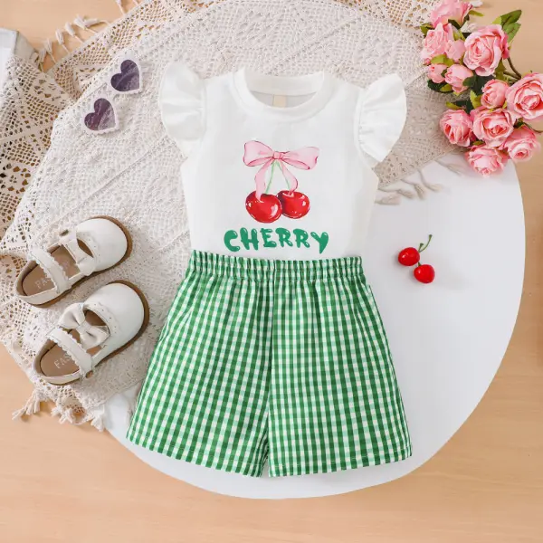 【2Y-7Y】2-piece Girls Sweet & Cute Summer Refreshing Cherry Print Round Neck Ruffled Sleeve Cropped T-Shirt And Plaid Shorts Set - Popopieshop.com 