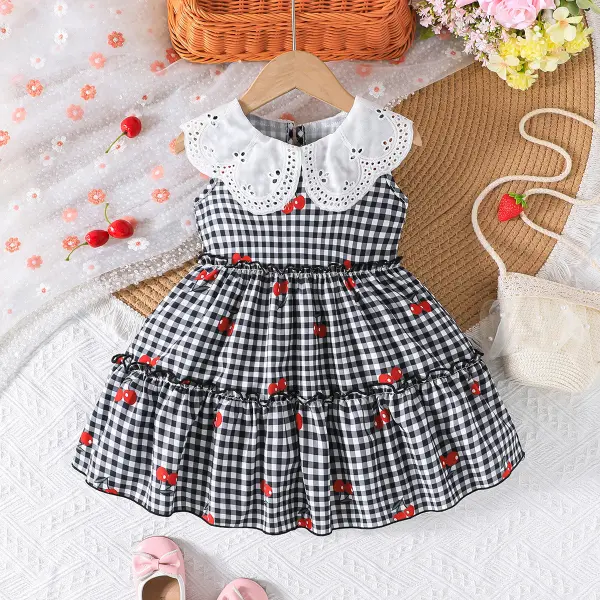 【6M-3Y】Girls Casual Cherry Print Hollow Peter Pan Collar Sleeveless Dress, Daily Wear/Festival, As Gift - Popopieshop.com 