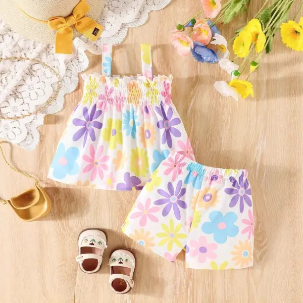 【9M-3Y】2-piece Girls Summer Floral Printed Camisole Top And Shorts, Cute & Refreshing Girls Holiday Outfit - Popopieshop.com 