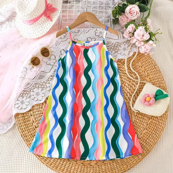 【3Y-7Y】Girls Fashion Sweet Vintage Floral Stripe Print Bohemian Sling Dress - Popopieshop.com 