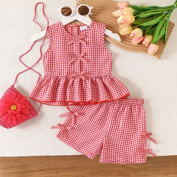 【2Y-7Y】Girls Summer Casual Red Plaid Bow Sleeveless Top And Elastic Waist Shorts Set - Popopieshop.com 