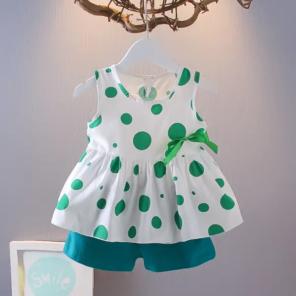 【12M-4Y】Girls Sweet Point Print Bow Sleeveless Top And Shorts Set - Popopieshop.com 