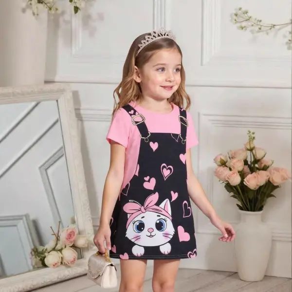 【3Y-7Y】Girls Cute Cat & Heart Print Casual Minimalist Short Sleeve Mid-Length Dress, Suitable For Summer - Popopieshop.com 