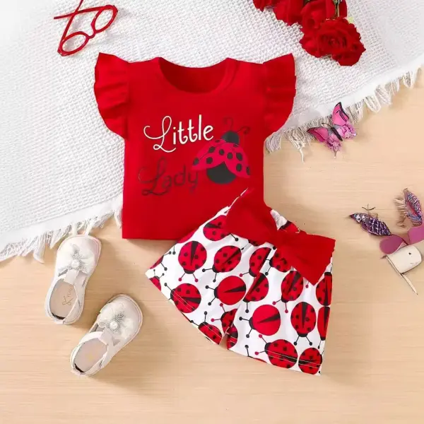 【6M-3Y】2-piece Girls Casual Cute Ladybug And Letter Print Red T-shirt And White Shorts Set - Popopieshop.com 