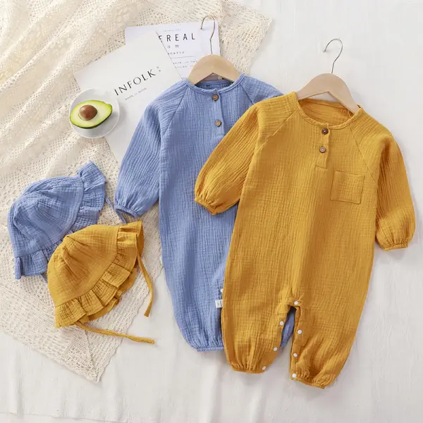 【3M-3Y】2-piece Unisex Baby Solid Color Romper With Hat - Popopieshop.com 
