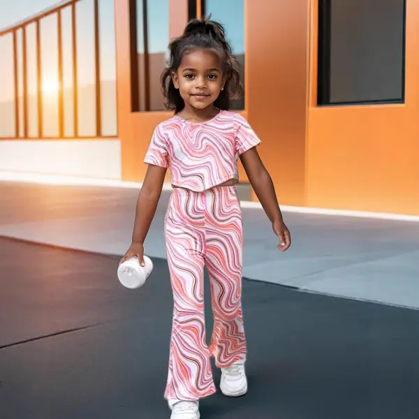 【3Y-10Y】2-piece Girls Pink Wave Pattern Print Top And Pants Set - Popopieshop.com 