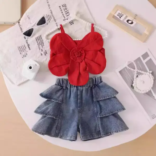 【6M-3Y】2-piece Girls Floral Tank Top And Denim Shorts Set With Ruffle Design, Summer Fashion - Popopieshop.com 