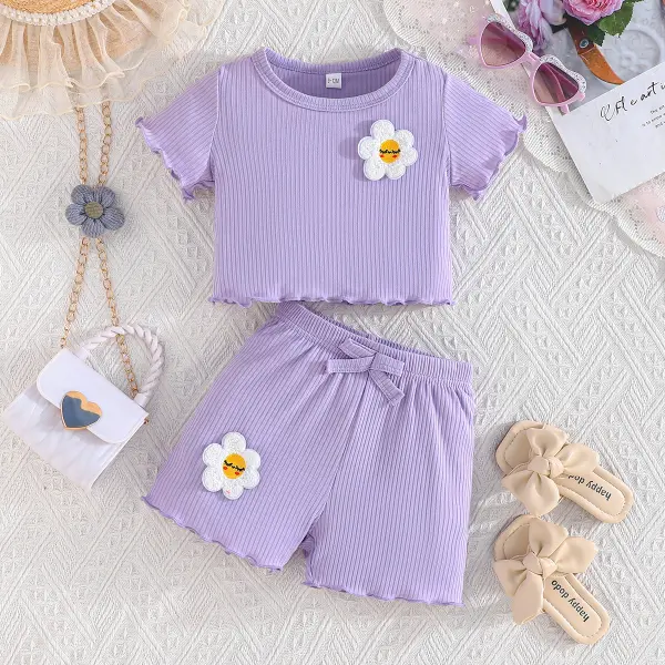 【6M-3Y】2-piece Girls Summer Cute Floral T-shirt And Butterfly Bowknot Shorts Set, Casual Comfortable Outdoor - Popopieshop.com 
