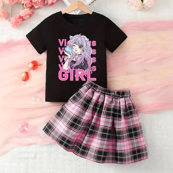 【1Y-8Y】2-piece Girls Cartoon Print Shirt And Plaid Skirt Set - Popopieshop.com 
