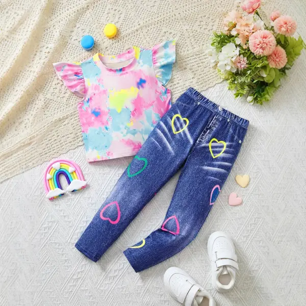 【1Y-8Y】2-piece Girls Tie Dye Top And Denim Pants Set - Popopieshop.com 
