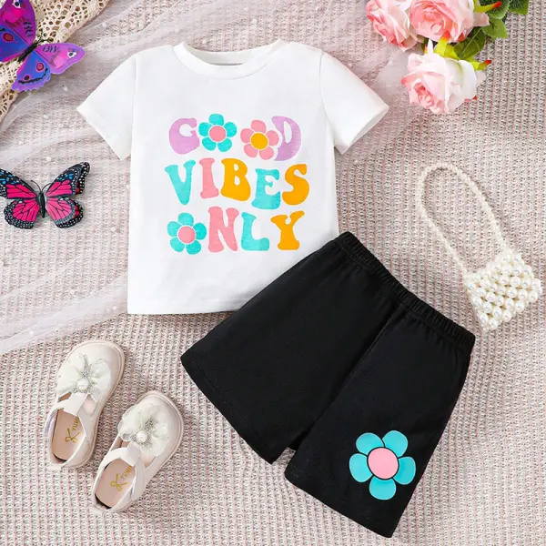 【6M-3Y】2-piece Girls Floral & Letter Print Casual Short Sleeve T-shirt And Shorts Set - Popopieshop.com 