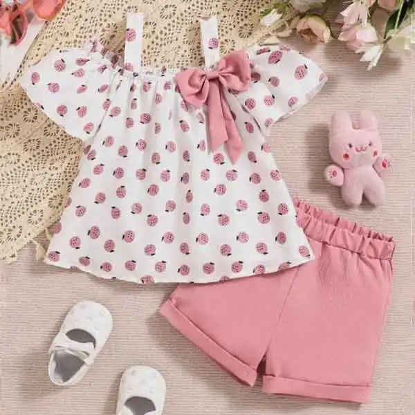 【12M-6Y】2pcs Girls Toddler/Young Girl Fruit Print Sleeveless Ruffle Strap Top And Solid Color Shorts Set, Spring/Summer - Popopieshop.com 
