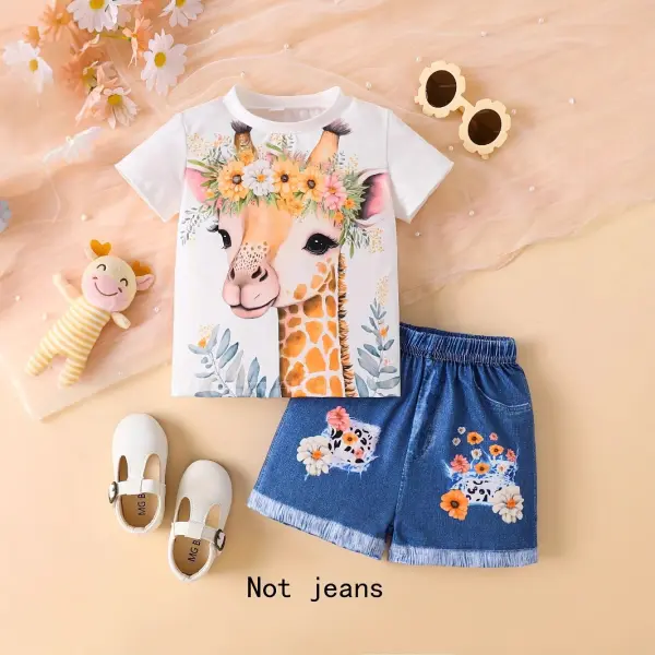 【18M-6Y】2pcs Young Girl Casual 3D Deer Printed Short Sleeve T-shirt And Shorts Set For Summer - Popopieshop.com 
