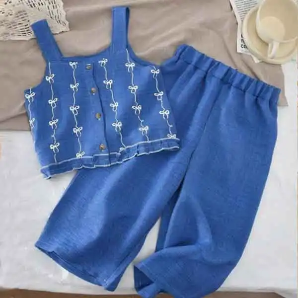 【2Y-7Y】Young Girl 2pcs Casual Bow Print Woven Fabric Tank Top & Trousers Set For Summer - Popopieshop.com 