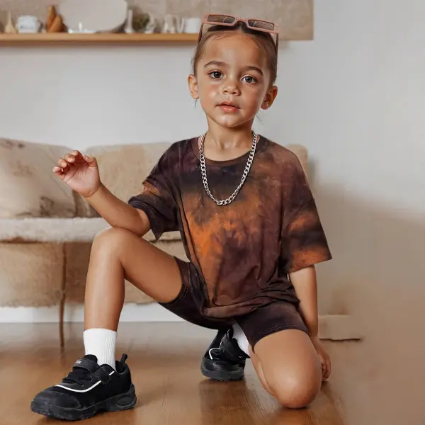 【1Y-8Y】2-piece Girls Brown Tie Dye Top And Pants Set - Popopieshop.com 
