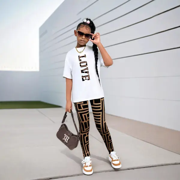 【2Y-10Y】2-piece Girls LOVE Letter Print Shirt And Pants Set - Popopieshop.com 