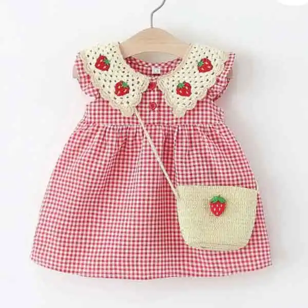【6M-4Y】Girls Strawberry Red Plaid Dress With Bag - Popopieshop.com 