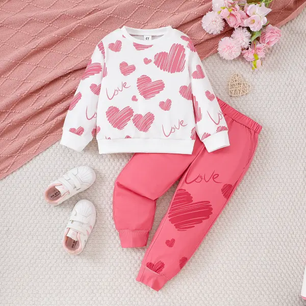 【3Y-7Y】2-piece Girls Pink Heart Print Sweatshirt And Pants Set - Popopieshop.com 
