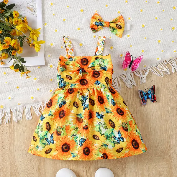 【6M-3Y】Girls Yellow Sunflower Print Dress With Hairband - Popopieshop.com 