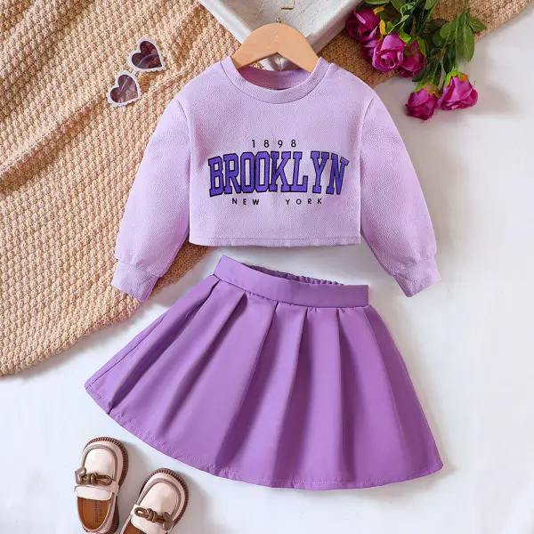 【18M-7Y】2-piece Girls Purple Letter Print Sweatshirt And Skirt Set - Popopieshop.com 
