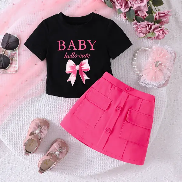 【2Y-7Y】2-piece Girls Pink Letter Bow Print Top And Skirt Set - Popopieshop.com 