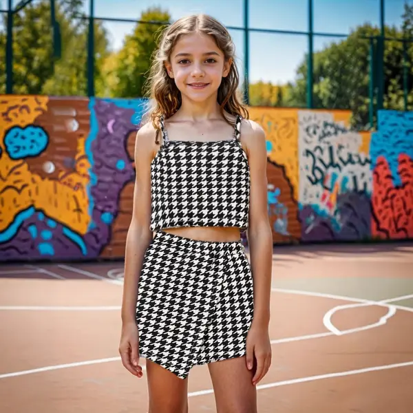 【7Y-13Y】2-piece Girls Houndstooth Top And Skirt Set - Popopieshop.com 