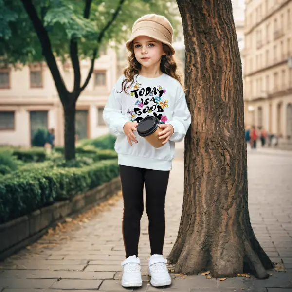【1Y-13Y】2-piece Girls White Letter Print Sweatshirt And Black Pants Set - Popopieshop.com 