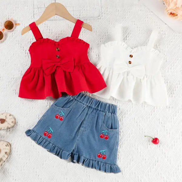【18M-6Y】2pcs/Set Girls Sweet Cute Summer Bowknot Camisole Cropped Top & Cherry Embroidery Flare Denim Shorts - Popopieshop.com 