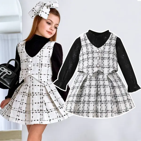 【18M-6Y】3pcs Girls Elegant Solid Color Plaid Print Lace Tee + Vest, And Pleated Skirt Set - Popopieshop.com 