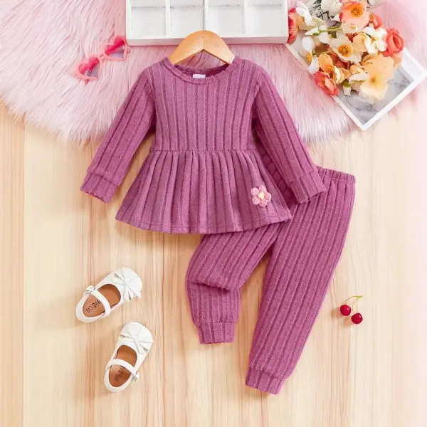 【6M-3Y】2pcs Baby Girls Knitted 3D Floral Long Sleeve Ruffled Hem Top & Pants Set, Cute Casual Outfit For Autumn - Popopieshop.com 