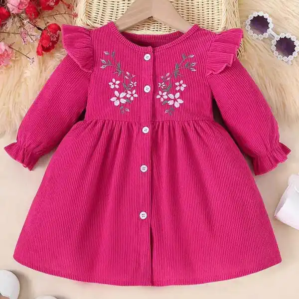 【6M-3Y】2-piece Baby Girls Floral Embroidery Ruffle Trim Flounce Sleeve Corduroy Dress - Popopieshop.com 