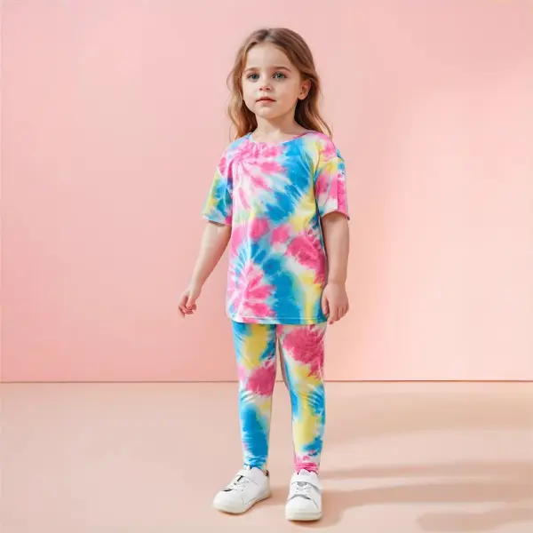 【1Y-8Y】2-piece Girls Multicolor Tie Dye Shirt And Pants Set - Popopieshop.com 