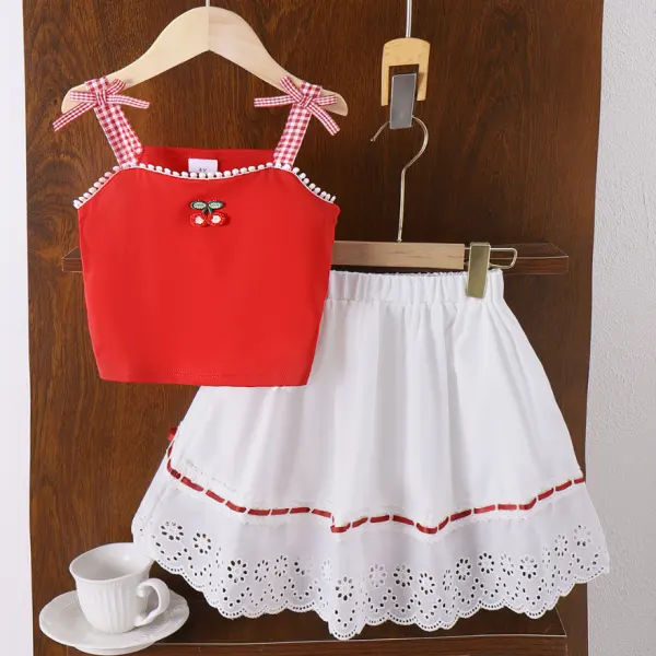 【3Y-7Y】2-piece Girls Cute Red Cherry Top And White Skirt Set - Popopieshop.com 