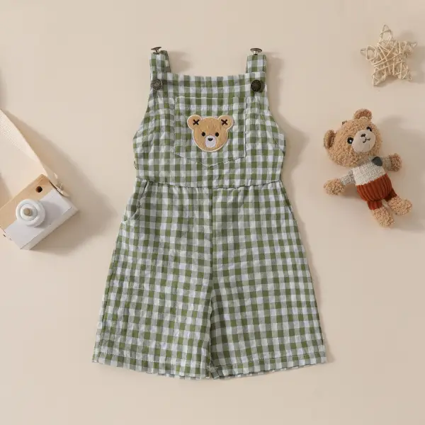 【6M-4Y】2-piece Girls Cute Green Plaid Bear Jumpsuit - Popopieshop.com 