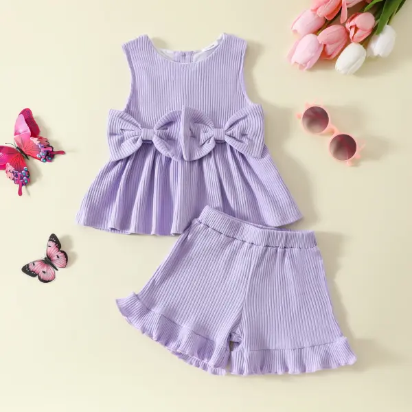 【6M-4Y】2-piece Girls Solid Color Bow Top And Shorts Set - Popopieshop.com 