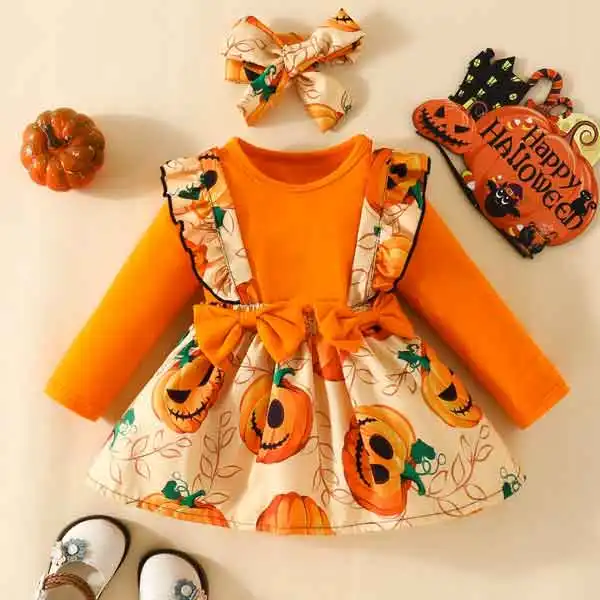 【0M-18M】2-piece Baby Girl Halloween Yellow Long Sleeve Romper And Pumpkin Print Strap Skirt Set - Popopieshop.com 