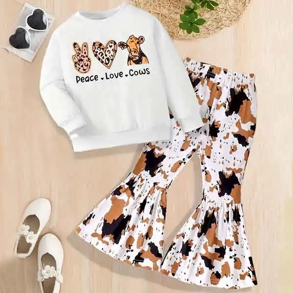 【1Y-8Y】2-piece Girls Cow Print Shirt And Ruffle Flared Pants Set - Popopieshop.com 