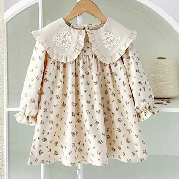 【18M-7Y】Girls Sweet Floral Print Peter Pan Lace Collar Long Sleeve Dress - Popopieshop.com 