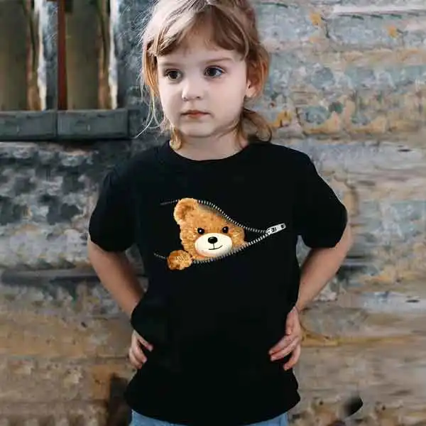 【1Y-8Y】Girls Cartoon Bear Print Short Sleeve Shirt - Popopieshop.com 