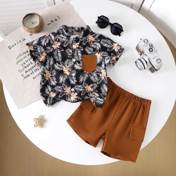 【3Y-8Y】2-piece Boys Leaves Print Shirt And Shorts Set - Popopieshop.com 